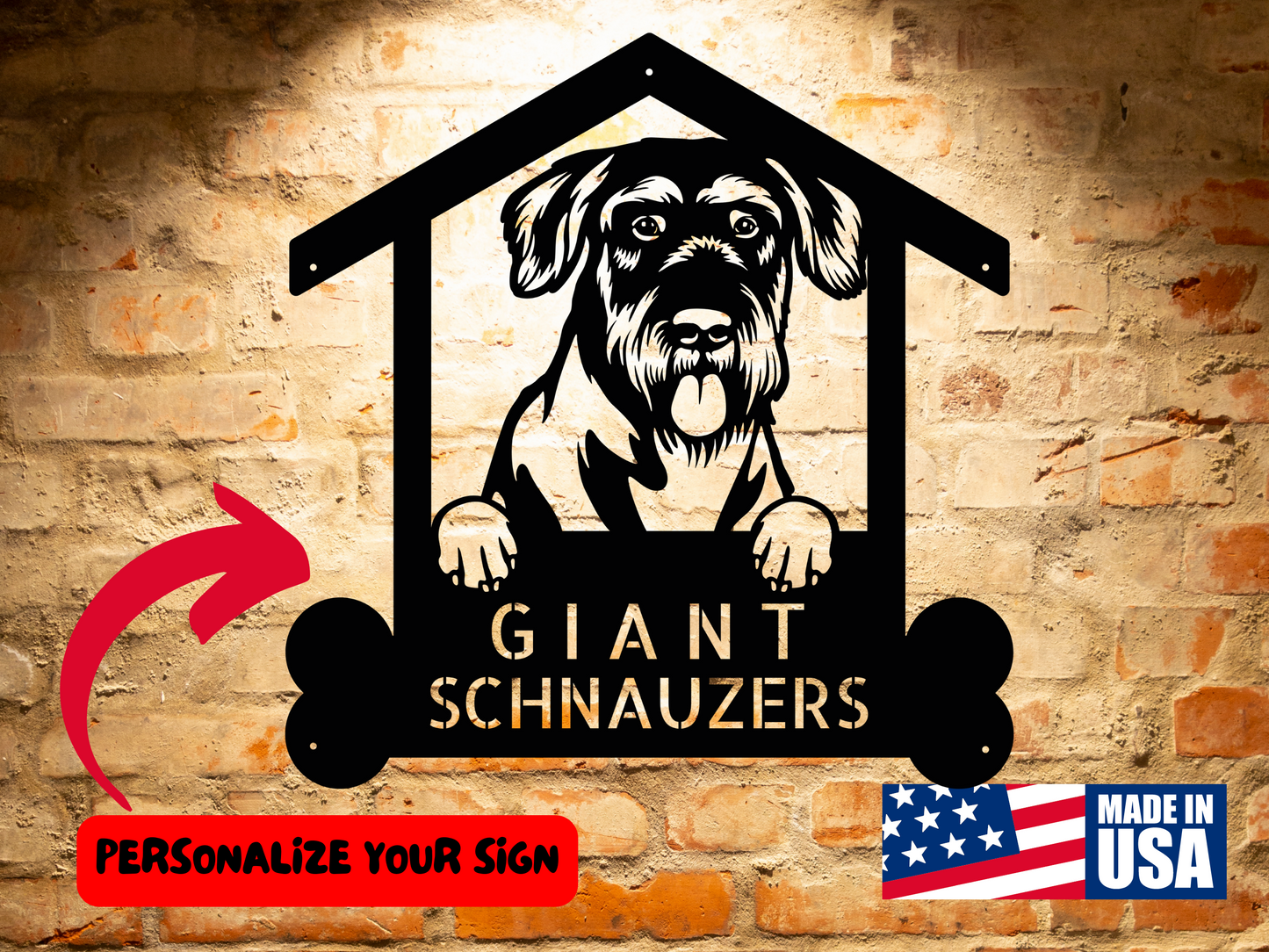 Illustrated sign featuring a schnauzer dog in a doghouse, labeled "Giant Schnauzers" with words "Personalize Your Sign" and a "Made in USA" sticker in the corner, set against a brick wall backdrop. This Personalized Giant Schnauzer Wall Art Decor, Custom Metal Art for Pet Lovers Gift, Unique Handcrafted Dog Wall Art Decor, Personalized Dog Steel Sign is perfect for custom pet decor enthusiasts.