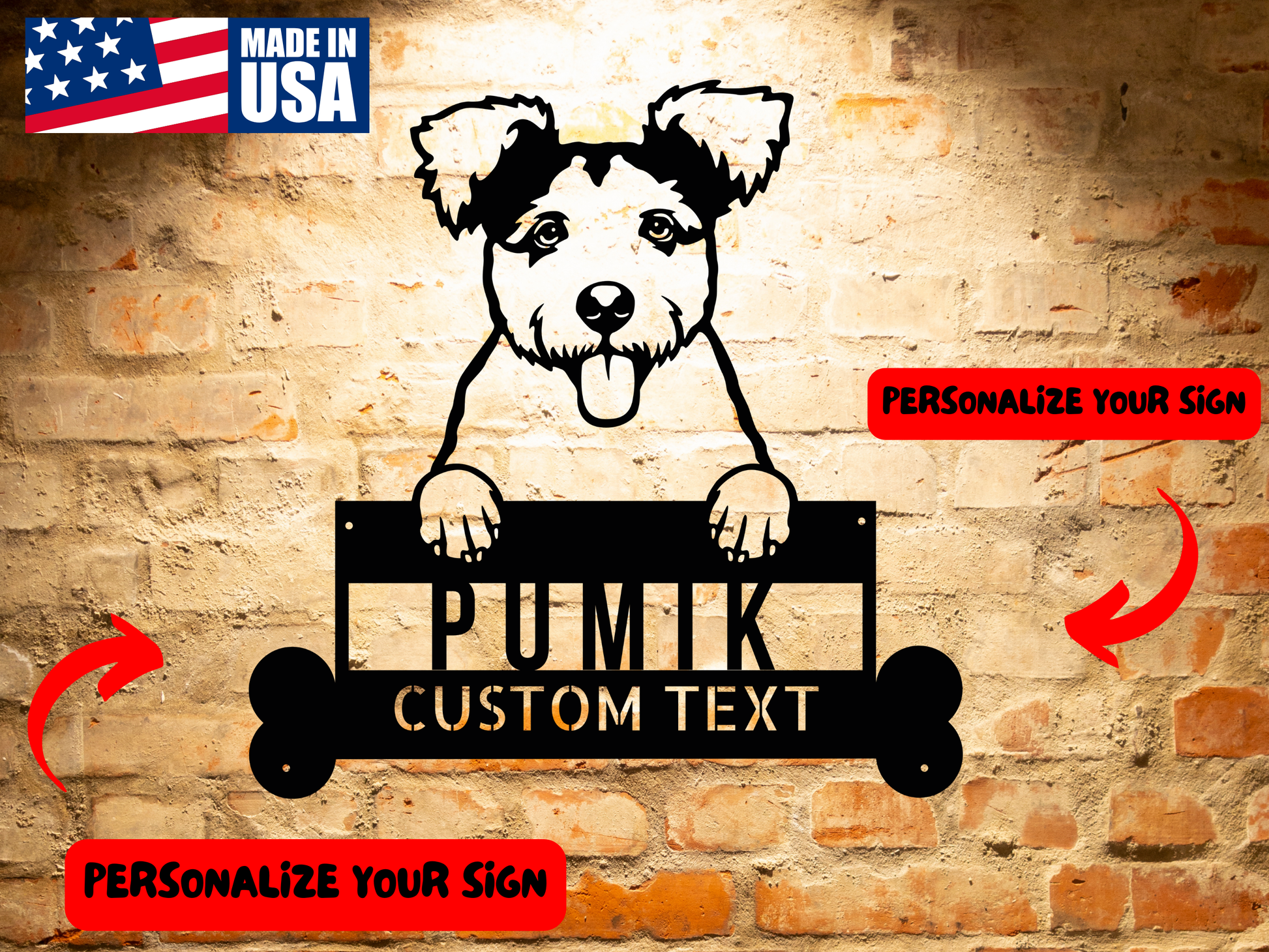 Illustration of a Pumi dog holding a sign that reads "Pumik" with space for custom text below, perfect for creating **Pumik Dog Personalized Metal Sign**, Durable Steel Wall Art, Stylish Pumik Decor, Great Gift for Pet Enthusiasts.