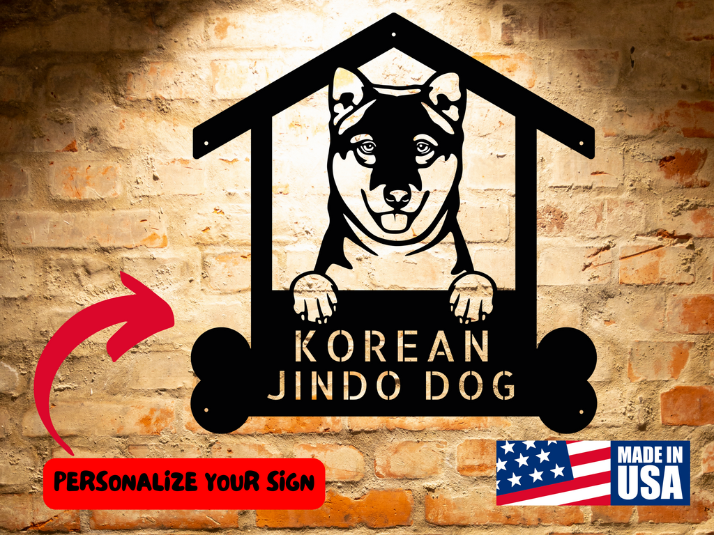 A wooden door with a Personalized Korean Jindo Dog Sign | Custom Dog Wall Art | Handcrafted Home Decor | Unique Gift on it.