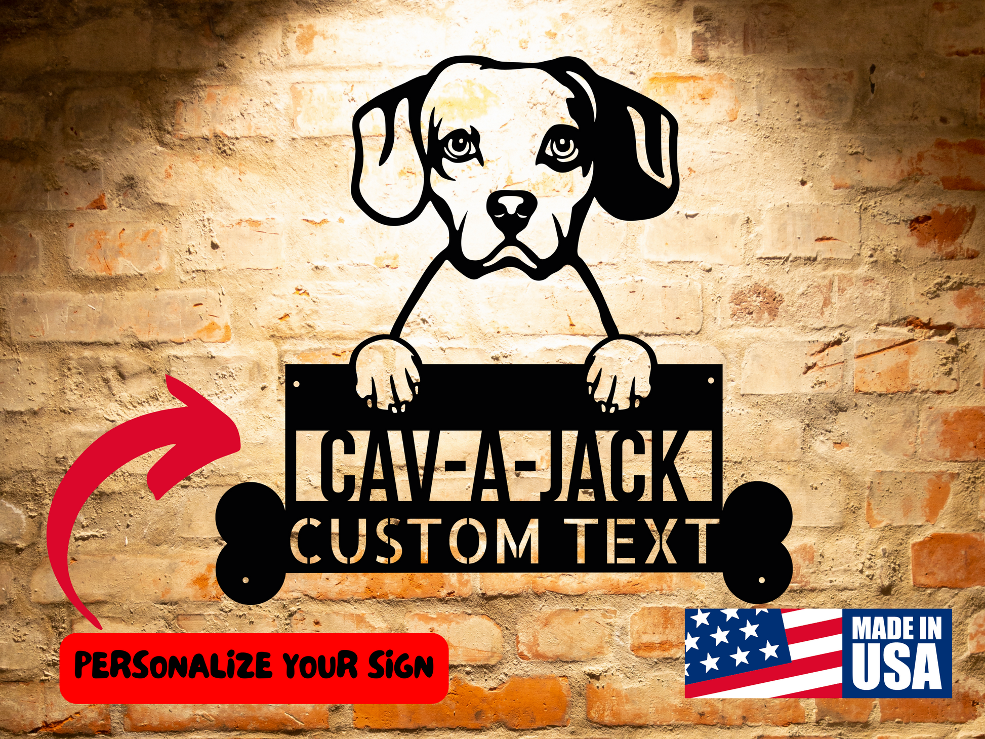 This Cav-A-Jack Dog Sign, Custom Dog Breed Steel Monogram Wall Art Decor, Unique Handcrafted Decor for Cav-A-Jack Enthusiasts is the perfect wall art decor piece. It features a wooden sign with custom text and an adorable dog design.