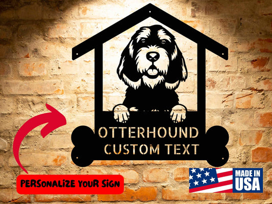 A wooden door with a Personalized Otterhound Dog Sign | Custom Steel Monogram Wall Art on it.