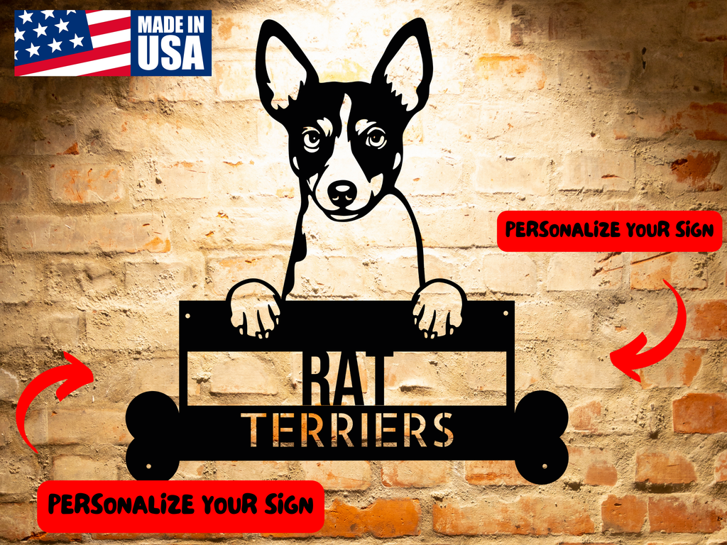 Black and white illustration of a dog holding a sign with its paws. The sign reads "Pumik Dog Metal Sign, Custom Steel Name Wall Art, Personalized Pet Decor for Home, Unique Animal Lovers Gift," with bone shapes at the bottom corners, perfect for personalized home décor or as unique Rat Terrier metal art.