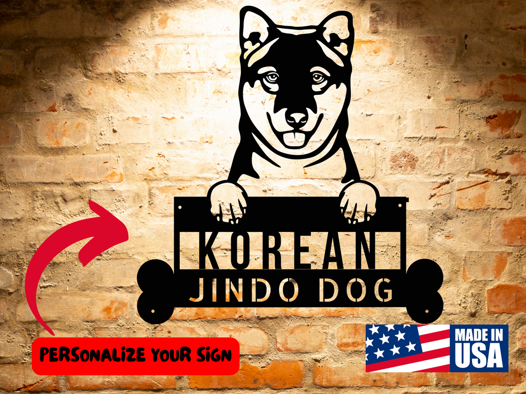 A wooden door with a Custom Korean Jindo Dog Sign | Personalized Dog Wall Art | Handcrafted Home Decor | Unique Gift on it.