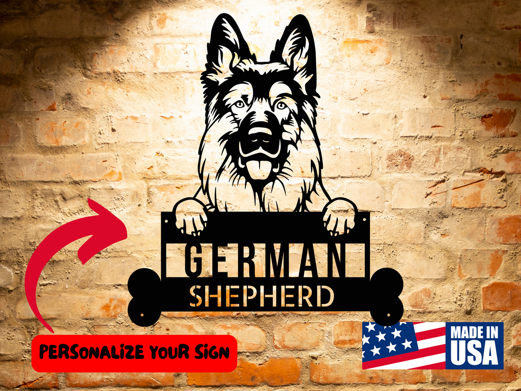 A German Shepherd dog proudly poses next to a German Shepherd Metal Wall Art Customizable Home Decor for Dog Enthusiasts, Dog Lovers Gift, Personalized Pet Home Decor, Unique Animal Gift on a brick wall, perfect for any dog lover.