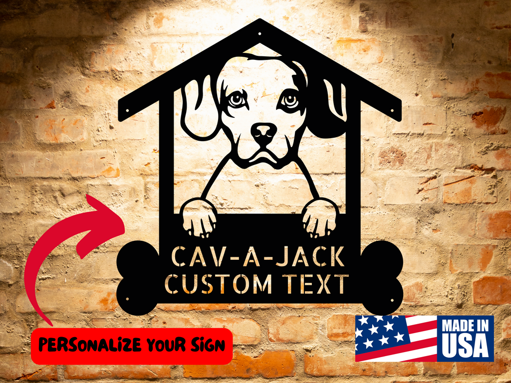 A personalized Cav-A-Jack Dog Sign, Custom Dog Breed Steel Monogram Wall Art Decor, Unique Handcrafted Decor for Cav-A-Jack Enthusiasts with a steel monogram.