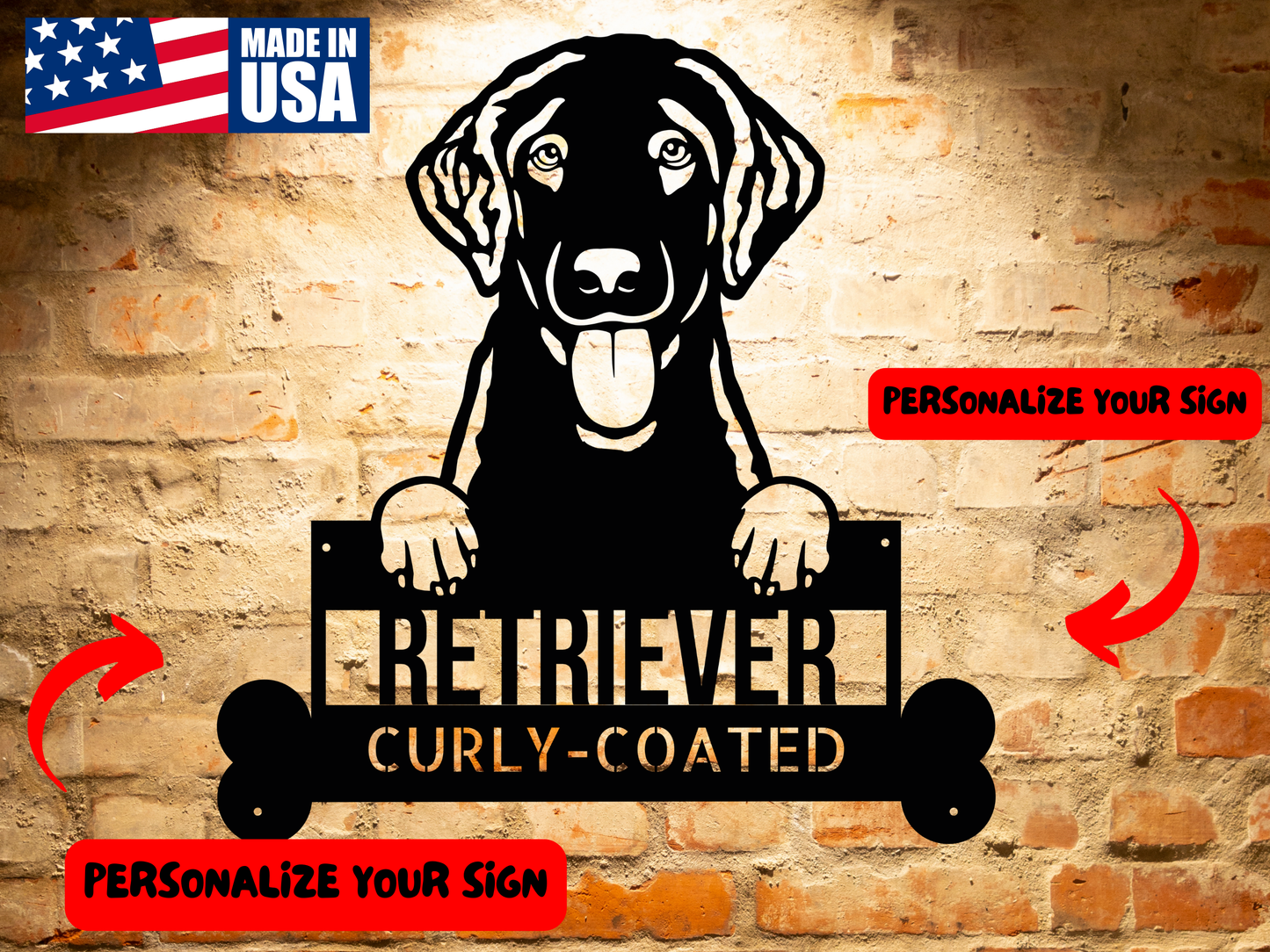 Silhouette of a curly-coated retriever, with a sign below it that reads "Retriever Curly-Coated Metal Sign for Home, Custom Steel Dog Art, Distinct Pet Lover Gift, Unique Wall Décor" against a white background. The dog, adorned with curly ears and sticking its tongue out, is featured on this charming piece of pet wall art. A perfect personalized metal sign for dog lovers.