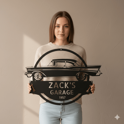 Black / 12 1957 Bel Air Garage Sign – Personalized Metal Classic Car Wall Art for Dad’s Workshop