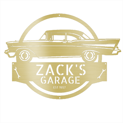 Gold / 12 1957 Bel Air Garage Sign – Personalized Metal Classic Car Wall Art for Dad’s Workshop