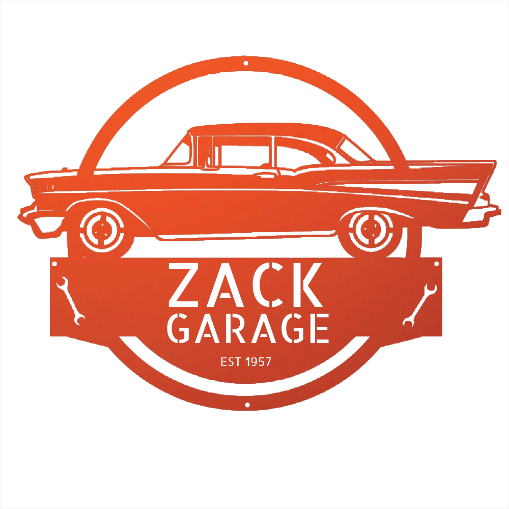 Orange / 12 1957 Bel Air Garage Sign – Personalized Metal Classic Car Wall Art for Dad’s Workshop