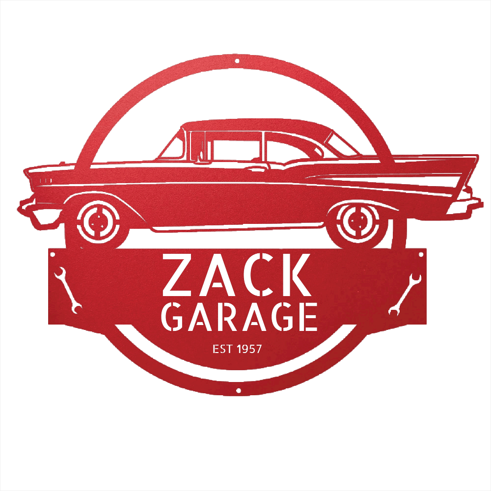 Red / 12 1957 Bel Air Garage Sign – Personalized Metal Classic Car Wall Art for Dad’s Workshop