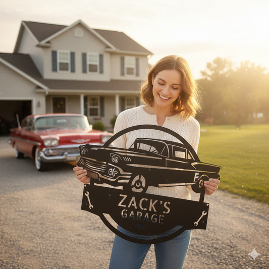 A woman stands in a driveway holding a 1958 Chevrolet Impala Garage Sign with classic car décor, in front of a suburban house.