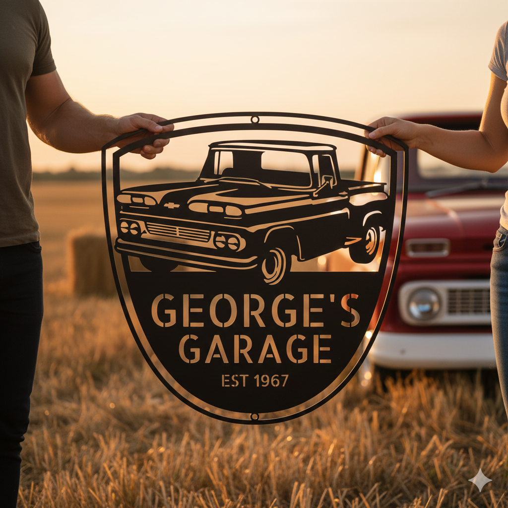 Two people hold a personalized 1960 Chevy C10 Metal Garage Sign with "GEORGE'S GARAGE EST 1967" in a field at sunset, hay bales and vintage truck decor in the background—a perfect gift for Dad or collectors.
