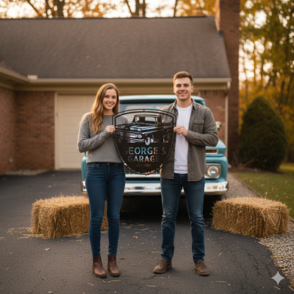 Two people hold a personalized 1960 Chevy C10 Metal Garage Sign with "GEORGE'S GARAGE EST 1967" in a field at sunset, hay bales and vintage truck decor in the background—a perfect gift for Dad or collectors.