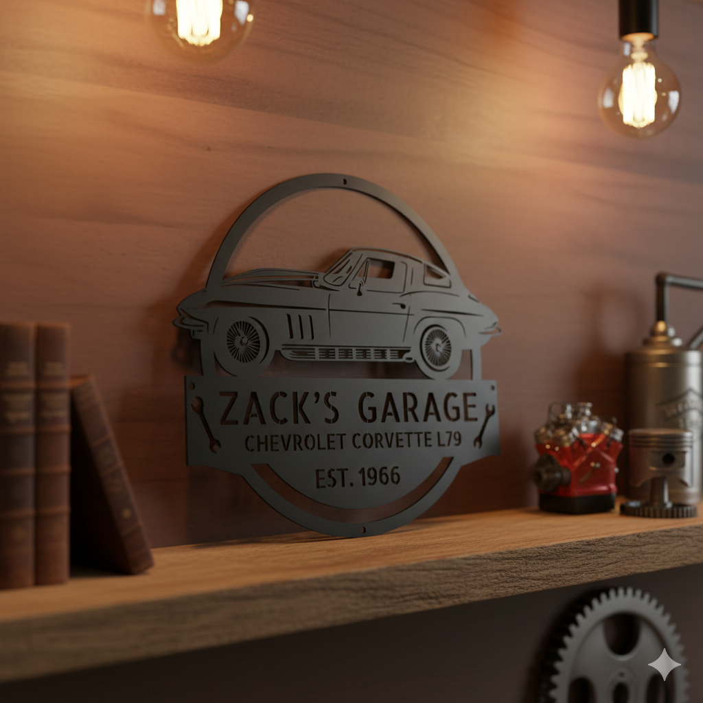 Outdoors, someone holds the "1966 Corvette L79 Garage Sign – Personalized Metal Car Wall Art for Garage or Workshop," featuring "Zack's Garage Chevrolet Corvette L79 Est. 1966," with classic and muscle car decor in the background.