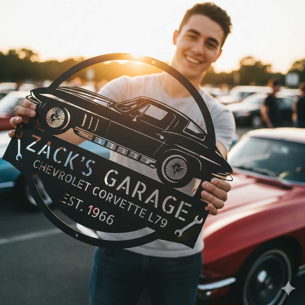 Outdoors, someone holds the "1966 Corvette L79 Garage Sign – Personalized Metal Car Wall Art for Garage or Workshop," featuring "Zack's Garage Chevrolet Corvette L79 Est. 1966," with classic and muscle car decor in the background.