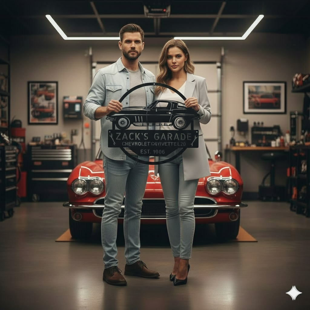 Outdoors, someone holds the "1966 Corvette L79 Garage Sign – Personalized Metal Car Wall Art for Garage or Workshop," featuring "Zack's Garage Chevrolet Corvette L79 Est. 1966," with classic and muscle car decor in the background.