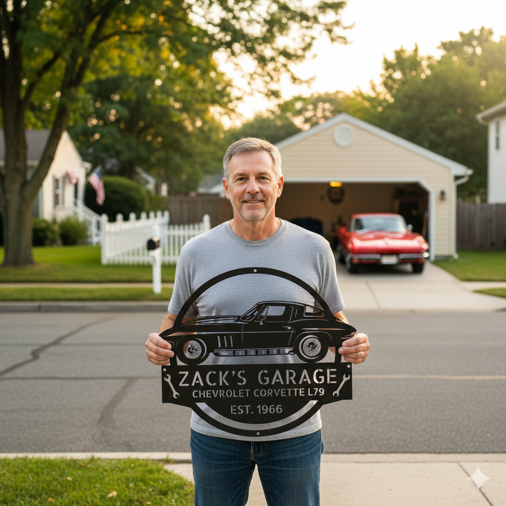 Outdoors, someone holds the "1966 Corvette L79 Garage Sign – Personalized Metal Car Wall Art for Garage or Workshop," featuring "Zack's Garage Chevrolet Corvette L79 Est. 1966," with classic and muscle car decor in the background.