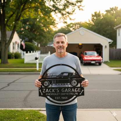Outdoors, someone holds the "1966 Corvette L79 Garage Sign – Personalized Metal Car Wall Art for Garage or Workshop," featuring "Zack's Garage Chevrolet Corvette L79 Est. 1966," with classic and muscle car decor in the background.