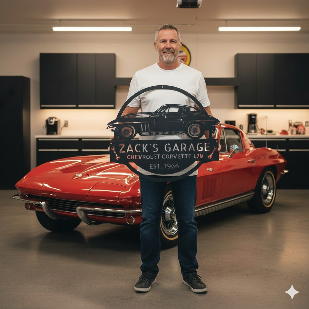 Outdoors, someone holds the "1966 Corvette L79 Garage Sign – Personalized Metal Car Wall Art for Garage or Workshop," featuring "Zack's Garage Chevrolet Corvette L79 Est. 1966," with classic and muscle car decor in the background.