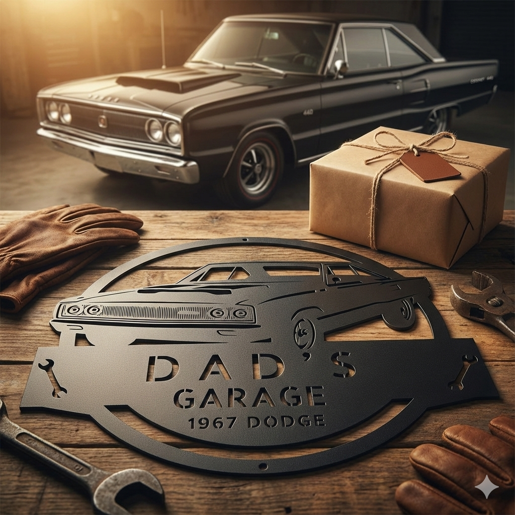 The 1967 Dodge Garage Sign is a custom metal wall art piece for Dad's garage, featuring a classic car and vintage "Dad's Garage 1967 Dodge" text—perfect for adding retro charm to any space.