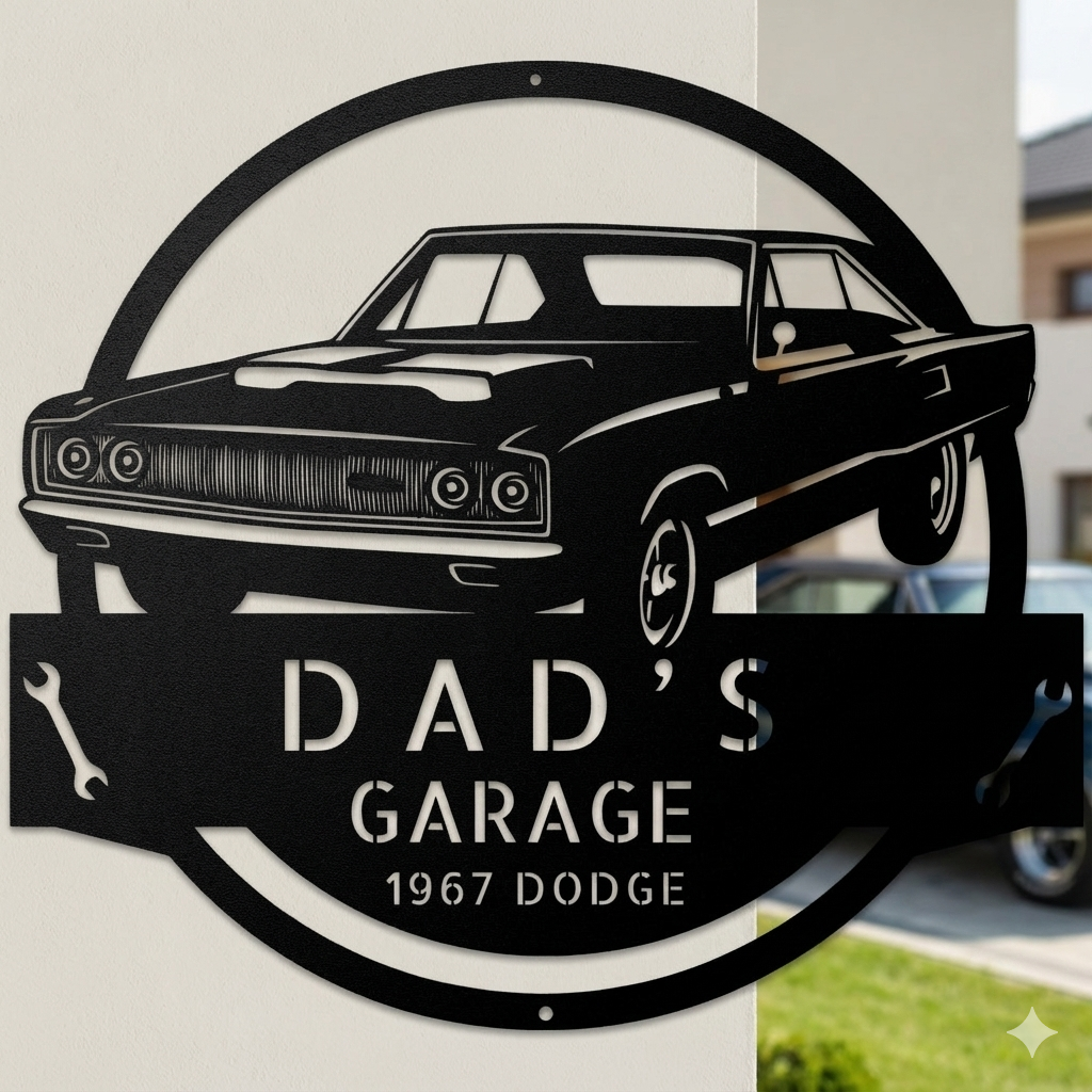 The 1967 Dodge Garage Sign is a custom metal wall art piece for Dad's garage, featuring a classic car and vintage "Dad's Garage 1967 Dodge" text—perfect for adding retro charm to any space.