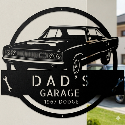 The 1967 Dodge Garage Sign is a custom metal wall art piece for Dad's garage, featuring a classic car and vintage "Dad's Garage 1967 Dodge" text—perfect for adding retro charm to any space.