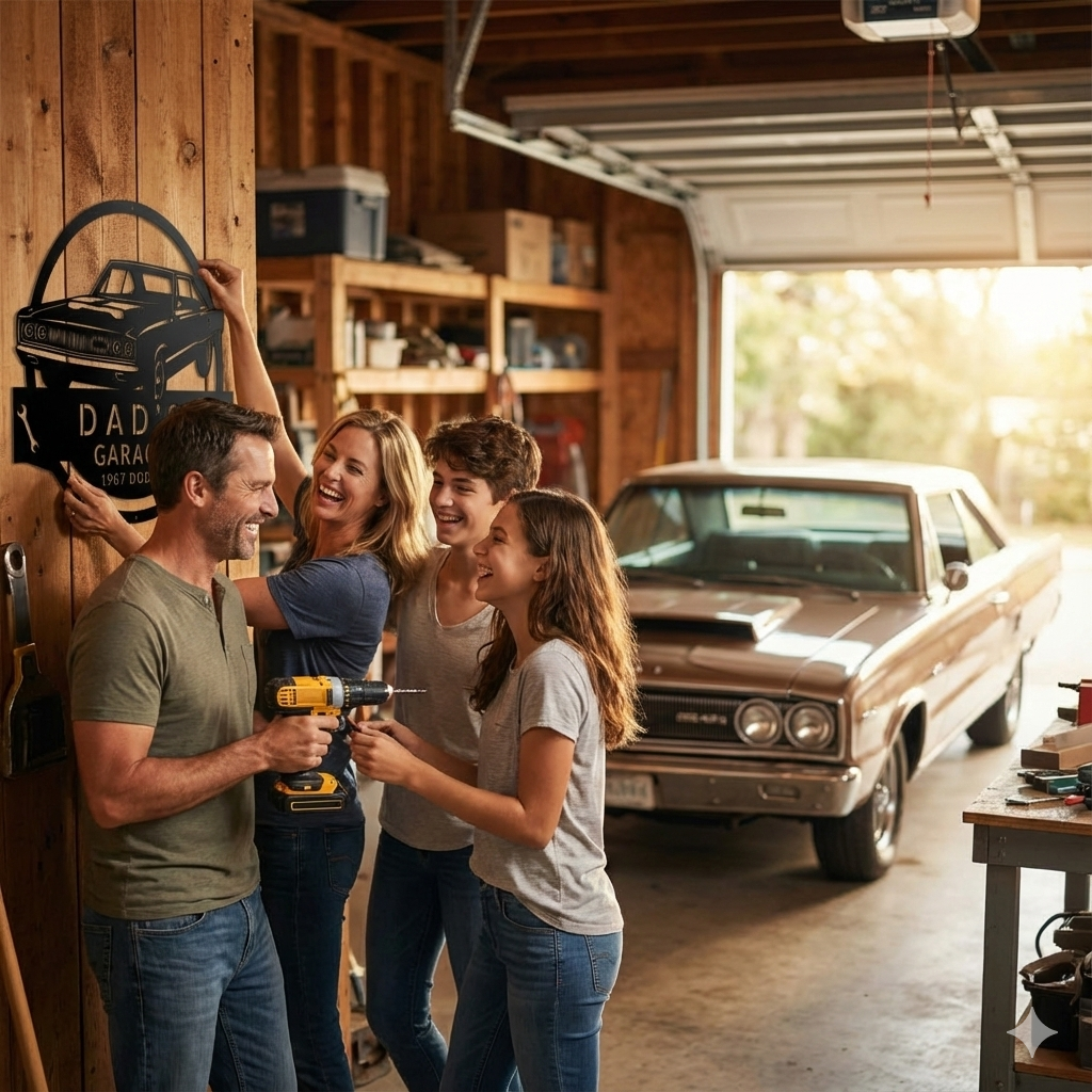 The 1967 Dodge Garage Sign is a custom metal wall art piece for Dad's garage, featuring a classic car and vintage "Dad's Garage 1967 Dodge" text—perfect for adding retro charm to any space.