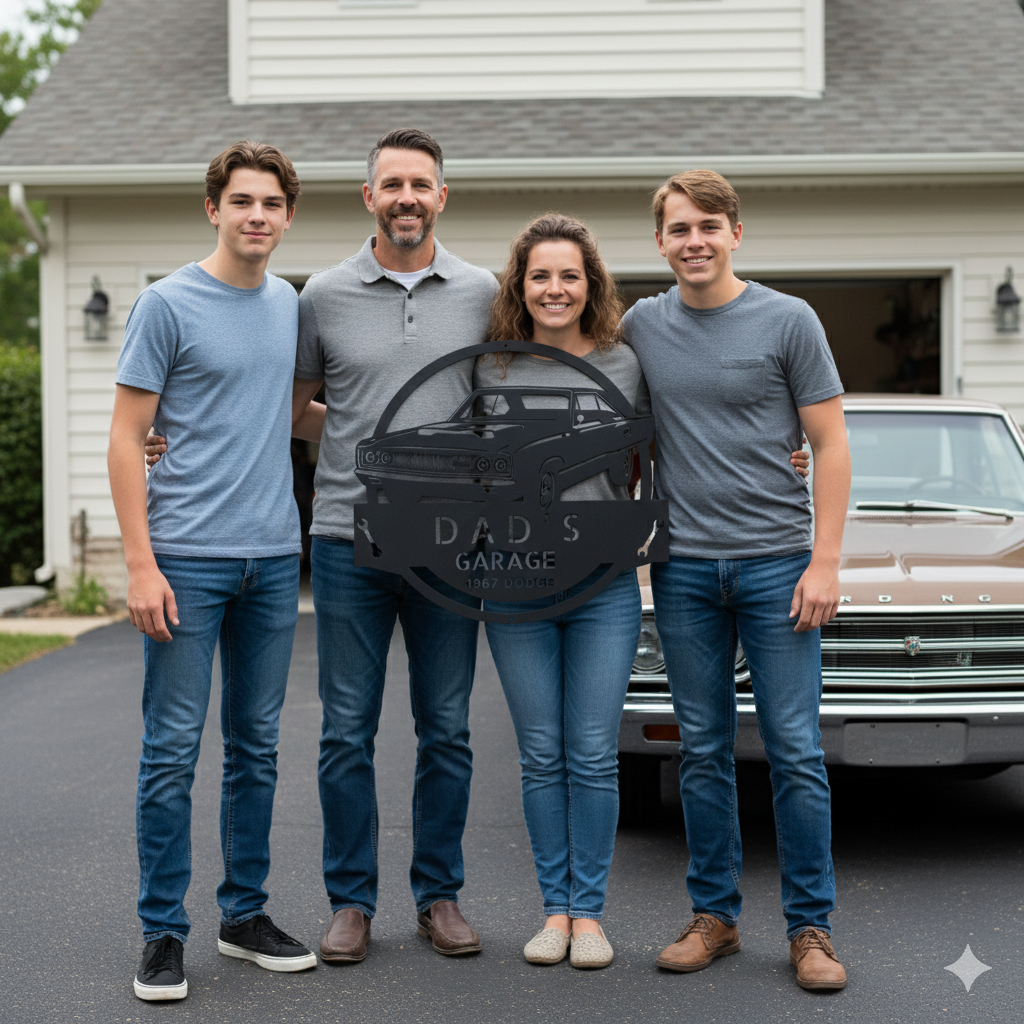 The 1967 Dodge Garage Sign is a custom metal wall art piece for Dad's garage, featuring a classic car and vintage "Dad's Garage 1967 Dodge" text—perfect for adding retro charm to any space.