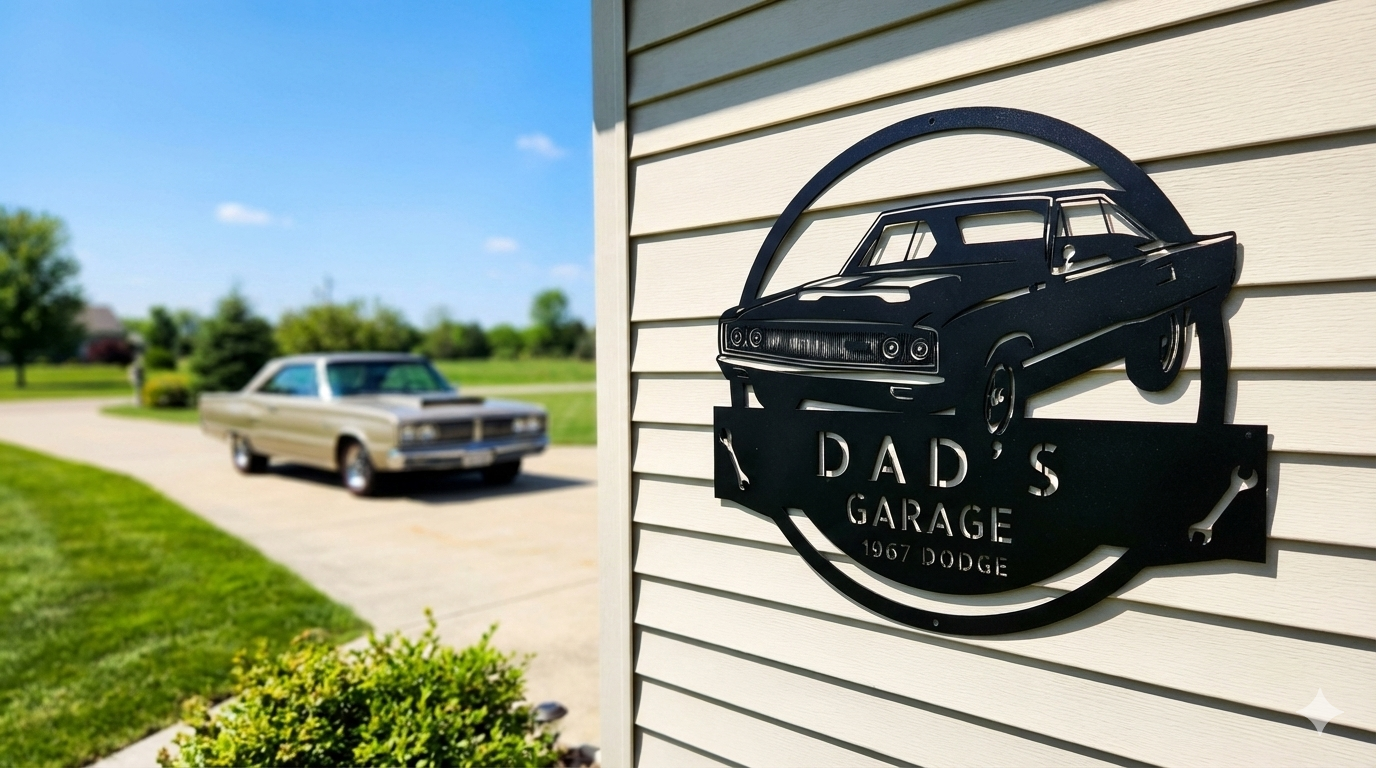 The 1967 Dodge Garage Sign is a custom metal wall art piece for Dad's garage, featuring a classic car and vintage "Dad's Garage 1967 Dodge" text—perfect for adding retro charm to any space.