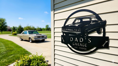 The 1967 Dodge Garage Sign is a custom metal wall art piece for Dad's garage, featuring a classic car and vintage "Dad's Garage 1967 Dodge" text—perfect for adding retro charm to any space.