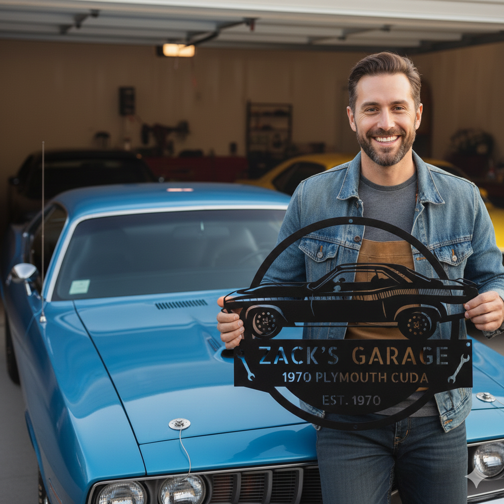 A 1970 Plymouth Cuda Garage Sign reading "Zack's Garage 1970 Plymouth Cuda Est. 1970" is displayed in front of a red classic car with two people blurred in the background—ideal decor for muscle car enthusiasts.