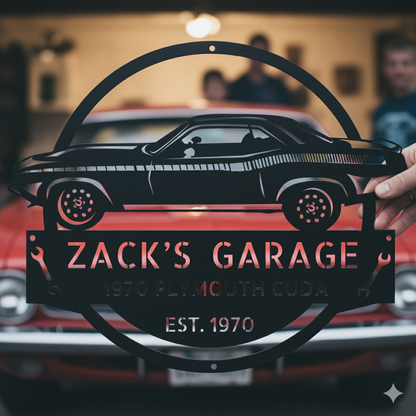 A 1970 Plymouth Cuda Garage Sign reading "Zack's Garage 1970 Plymouth Cuda Est. 1970" is displayed in front of a red classic car with two people blurred in the background—ideal decor for muscle car enthusiasts.