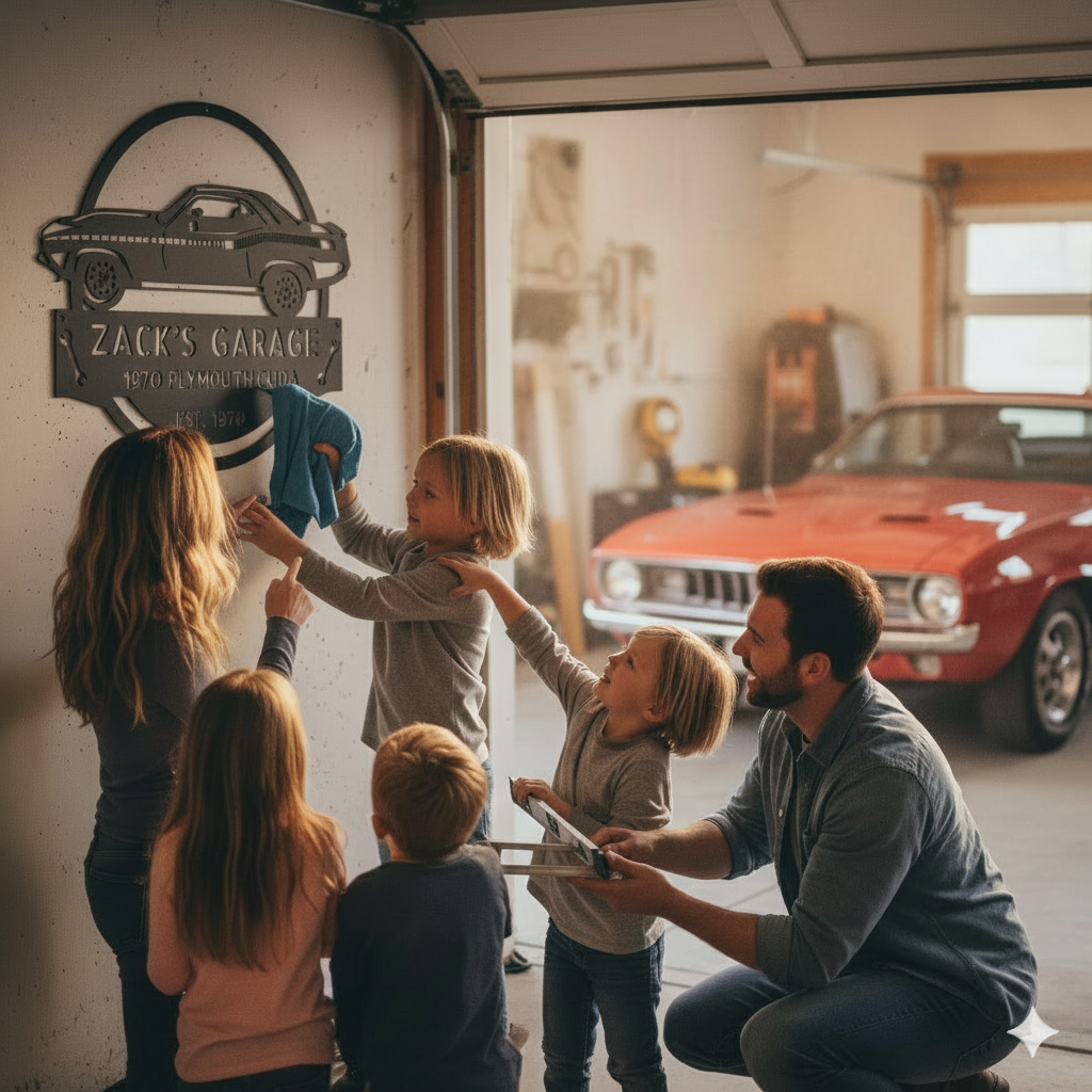 A 1970 Plymouth Cuda Garage Sign reading "Zack's Garage 1970 Plymouth Cuda Est. 1970" is displayed in front of a red classic car with two people blurred in the background—ideal decor for muscle car enthusiasts.