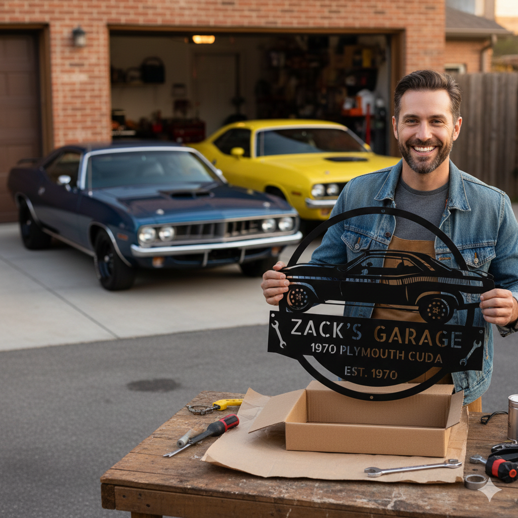 A 1970 Plymouth Cuda Garage Sign reading "Zack's Garage 1970 Plymouth Cuda Est. 1970" is displayed in front of a red classic car with two people blurred in the background—ideal decor for muscle car enthusiasts.
