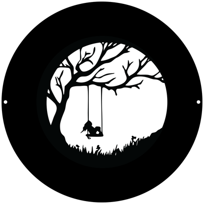 a black and white picture of a tree with a swing