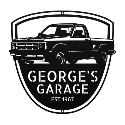 The personalized logo for the 1993 Chevrolet S10 Custom Garage Car Sign Steel Monogram Wall Art is shown on a wooden background.