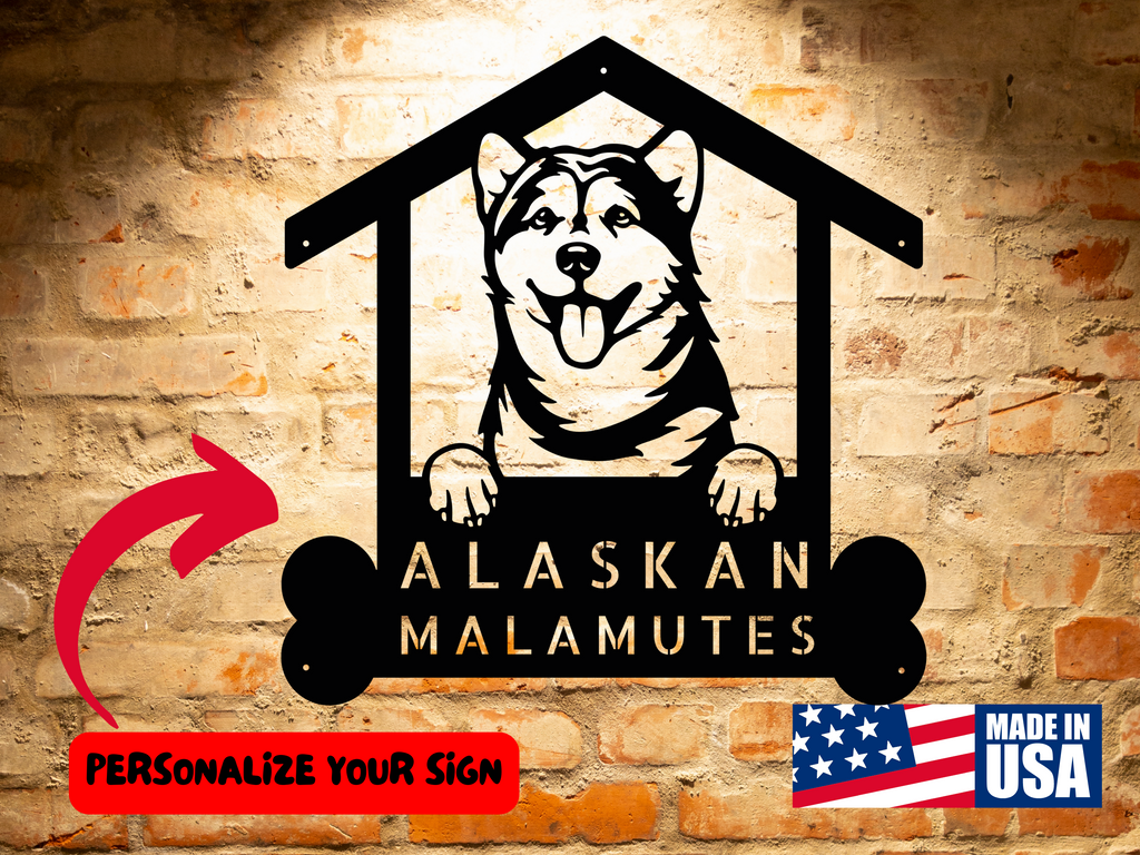 ALASKAN MALAMUTES 2 - Custom Dog Breed Metal Sign - Personalized Welcome Sign for Dog Lovers - Dog Address Sign - Dog Wall Art- Unique Gift for Dad dog house sign.