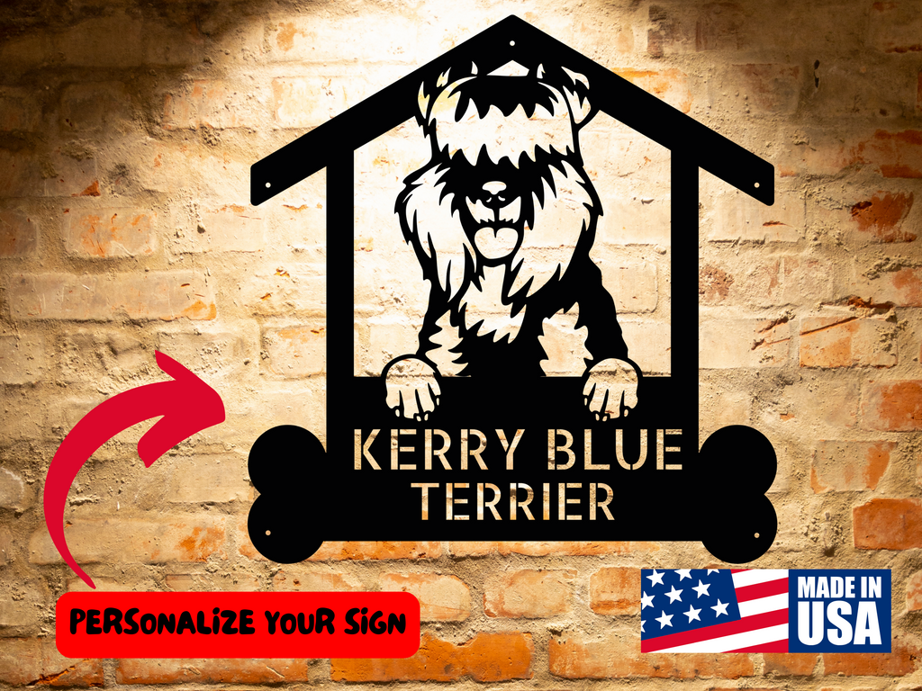 A metal sign that says Custom Kerry Blue Terrier Dog Sign | Personalized Dog Wall Art | Handcrafted Home Decor | Unique Gift.