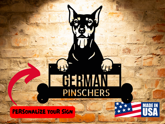 A Custom German Pinschers Metal Wall Art featuring a German Pinscher on a brick wall.