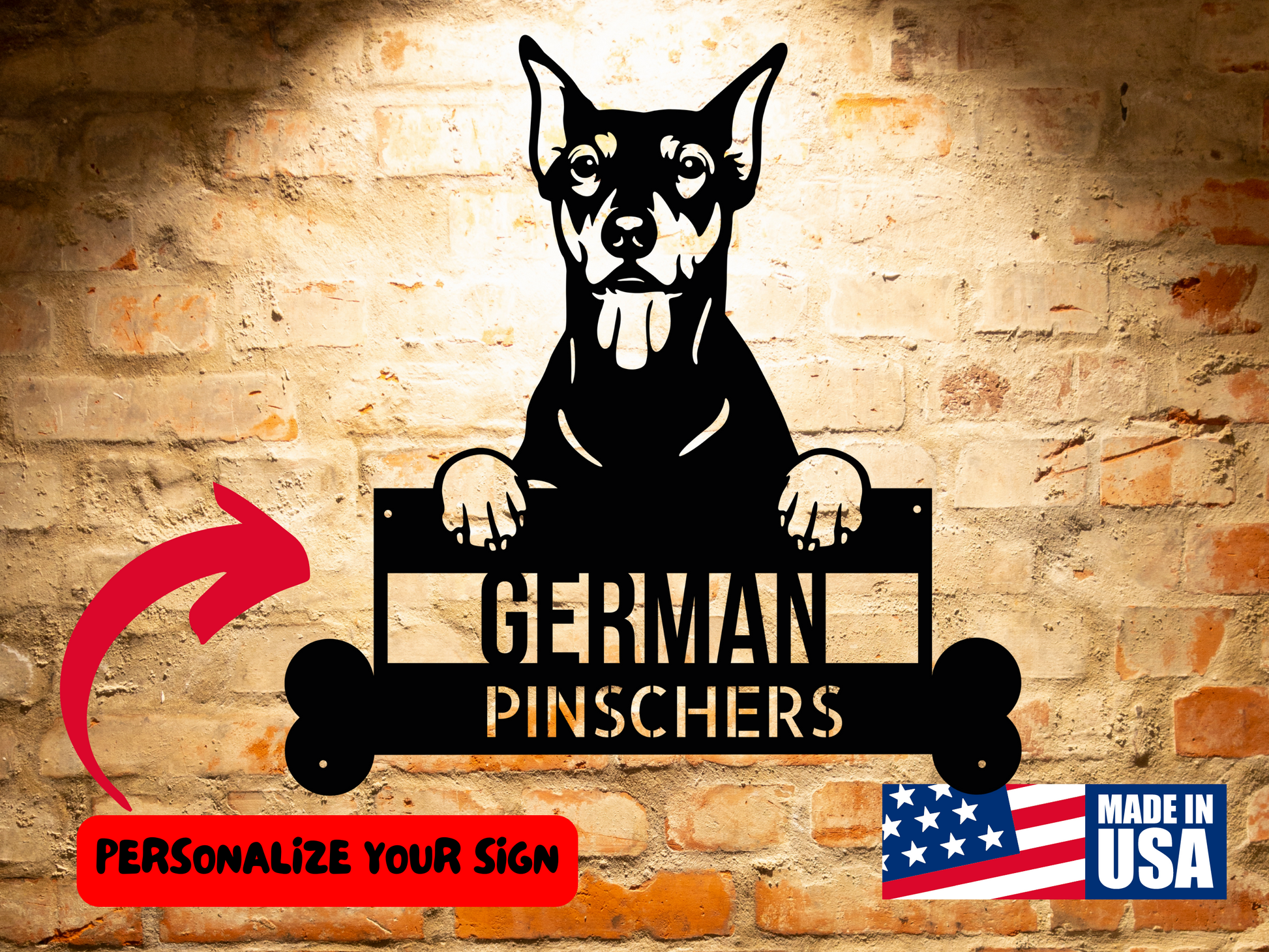 A wooden door with a "Personalized German Pinscher Metal Sign | Custom Dog Wall Art | Unique Handcrafted Home Decor" on it.