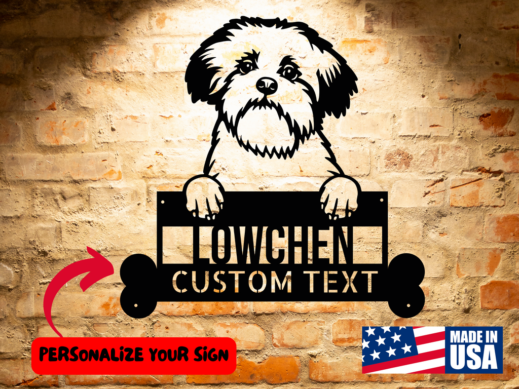 A Unique Lowchen Dog Name Sign with a dog on it and a potted plant.