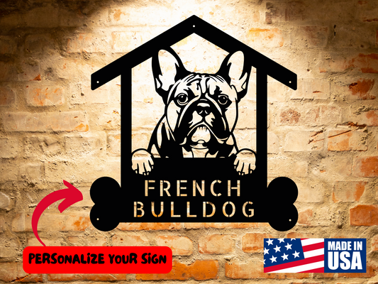 Handcrafted French Bulldog Sign, Personalized Dog Wall Art, Dog Name Sign, Customizable Gift for French Bulldog Owners featuring a French Bulldog sign labeled "French Bulldog" against a brick wall. Text reads "Personalize Your Sign" with an arrow and a "Made in USA" badge, creating the perfect personalized dog wall art for any space.