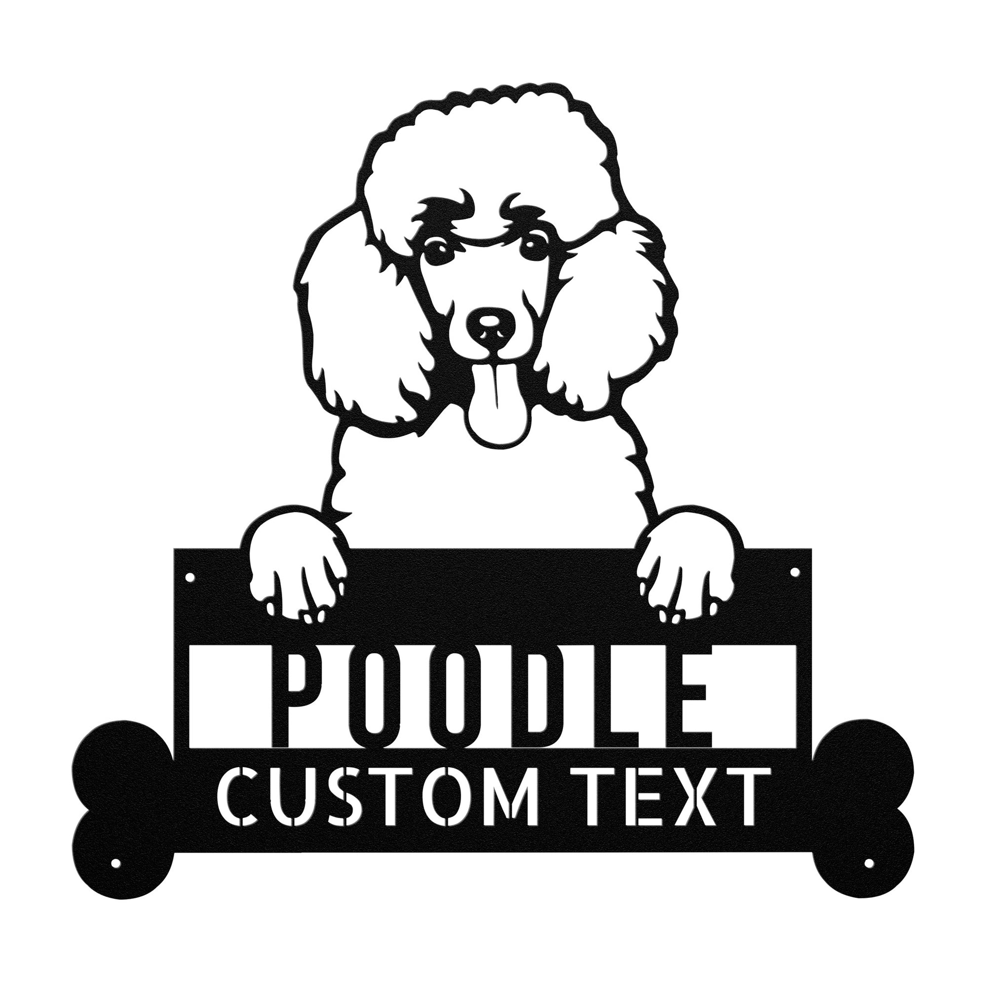 Black and white illustration of a poodle with its paws on a personalized metal sign that reads "POODLE CUSTOM TEXT" between two bone-shaped ends, perfect for poodle lovers. Crafted from durable 18-gauge steel, it's designed to last. Introducing the Poodle Dog Steel Sign, Personalized Metal Wall Art, Custom Dog Name Sign Decor, Perfect Animal Lovers Gift.