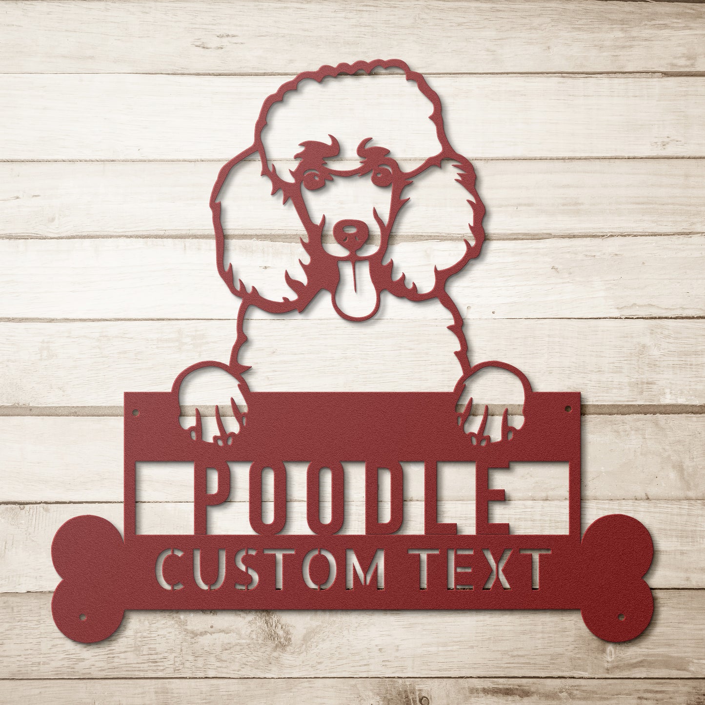 Black and white illustration of a poodle with its paws on a personalized metal sign that reads "POODLE CUSTOM TEXT" between two bone-shaped ends, perfect for poodle lovers. Crafted from durable 18-gauge steel, it's designed to last. Introducing the Poodle Dog Steel Sign, Personalized Metal Wall Art, Custom Dog Name Sign Decor, Perfect Animal Lovers Gift.