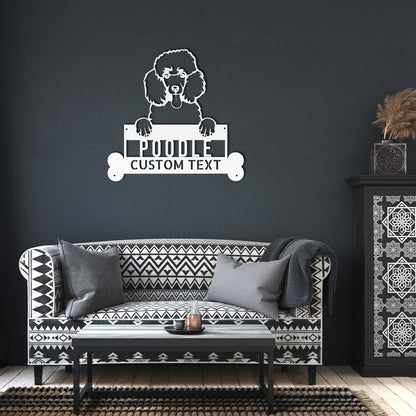 Black and white illustration of a poodle with its paws on a personalized metal sign that reads "POODLE CUSTOM TEXT" between two bone-shaped ends, perfect for poodle lovers. Crafted from durable 18-gauge steel, it's designed to last. Introducing the Poodle Dog Steel Sign, Personalized Metal Wall Art, Custom Dog Name Sign Decor, Perfect Animal Lovers Gift.