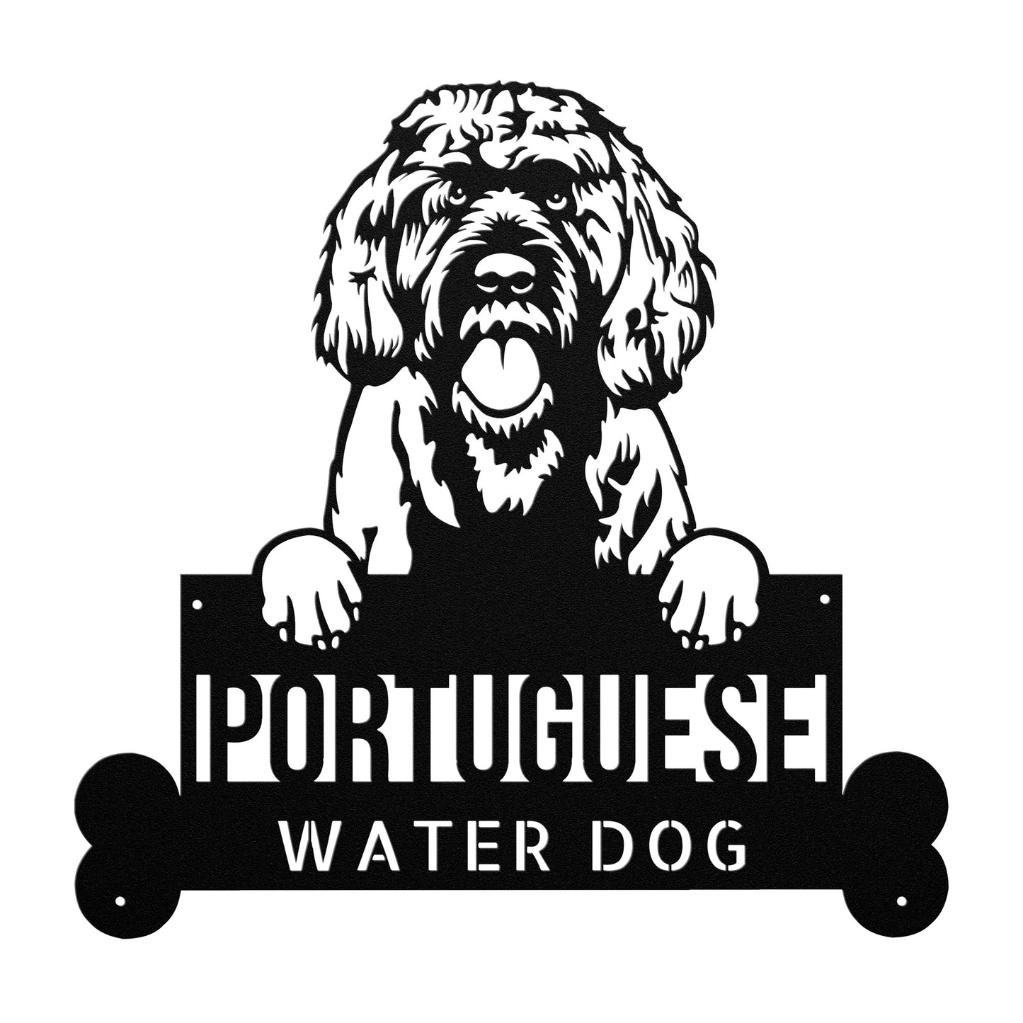 Black and white illustration of a shaggy-coated dog holding a personalized metal sign that reads "Portuguese Water Dog Metal Sign, Personalized Steel Wall Art, Custom Dog Name Decor, Perfect Gift for Dog Lovers," perfect for dog lovers.