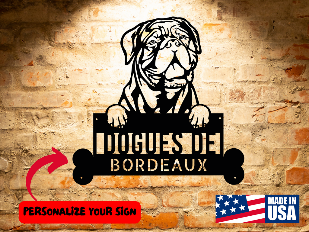 A personalized Personalized Dogue de Bordeaux Art | Custom Metal Sign | Eye-catching and Handcrafted Wall Decoration for Dog Lovers displayed on a brick wall, perfect for dog enthusiasts.