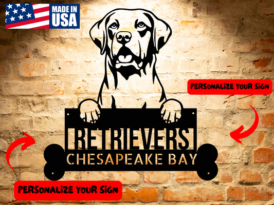 Silhouette of a Chesapeake Bay Retriever holding a sign with text: "RETRIEVERS CHESAPEAKE BAY." Ideal as 3. Retriever Curly-Coated Metal Sign for Home, Custom Steel Dog Art, Distinct Pet Lover Gift, Unique Wall Décor.