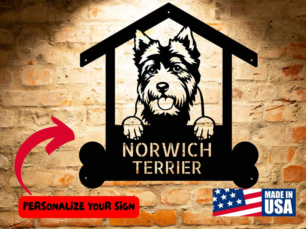 A wooden door with the Norwich Terrier Dog Lover's Delight | Personalized Metal Monogram Wall Art 🐕‍🦺 on it.