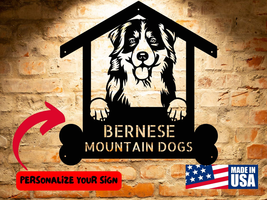 A Personalized Bernese Mountain Dog Sign, Custom Animal Welcome Sign for Bernese Mountain Pet Lovers, Dog Name Wall Art showcasing Bernese Mountain Dogs mounted on a brick wall.